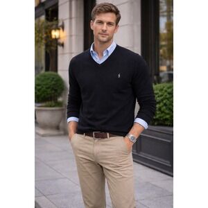 Polo Ralph Lauren V Neck Sweater Black Merino Wool Washable Long Sleeve Men XL